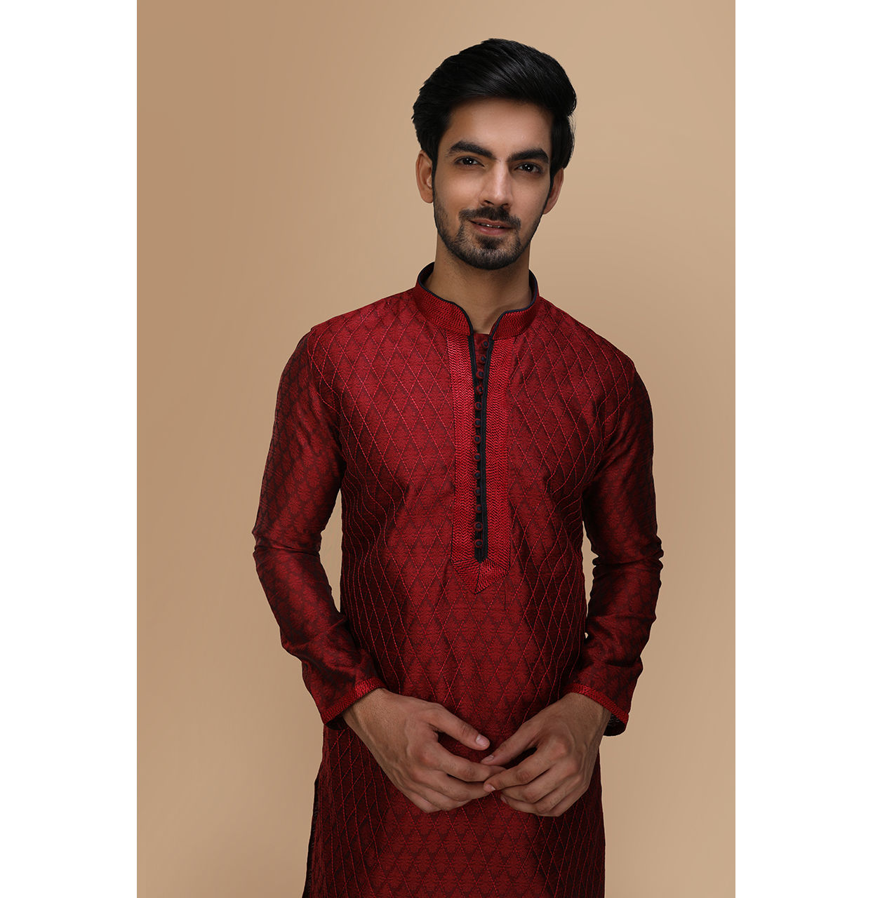 Manyavar Men Maroon Embroidered Jacquard Kurta Set