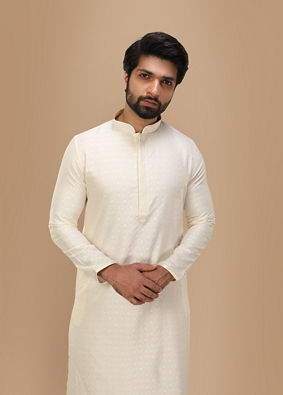 alt message - Manyavar Men Off White Self Embossed Kurta Set image number 0