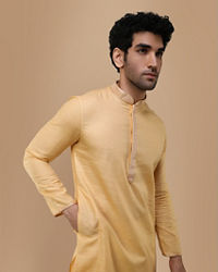 Manyavar Men Macaroon Yellow Self Design Kurta Set