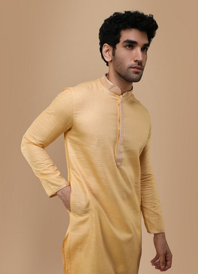Manyavar Men Macaroon Yellow Self Design Kurta Set