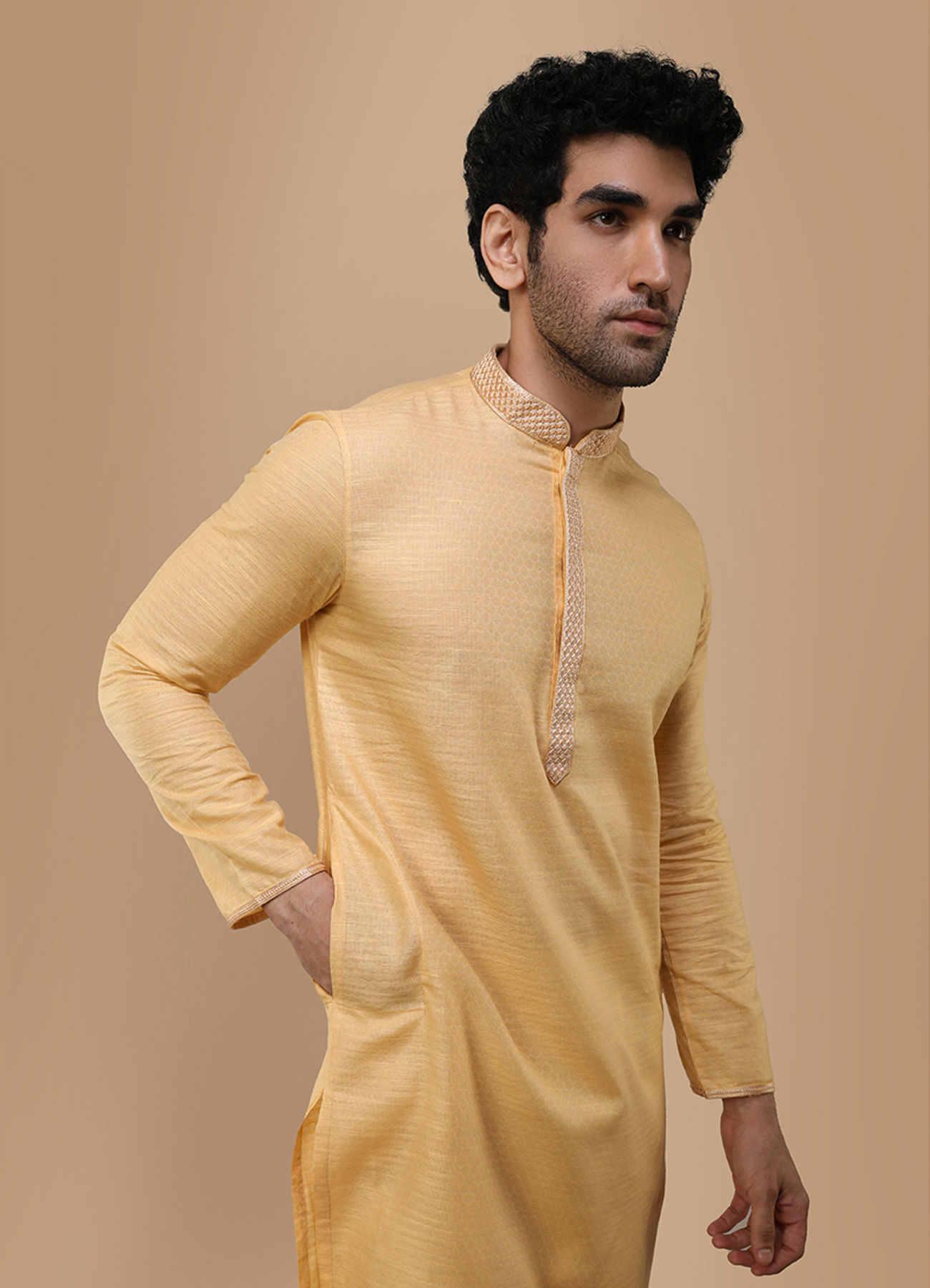 Manyavar Men Macaroon Yellow Self Design Kurta Set