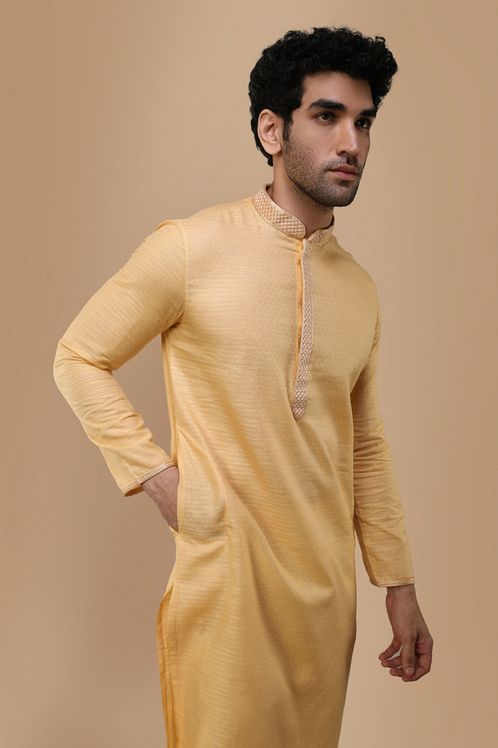 Manyavar Men Macaroon Yellow Self Design Kurta Set