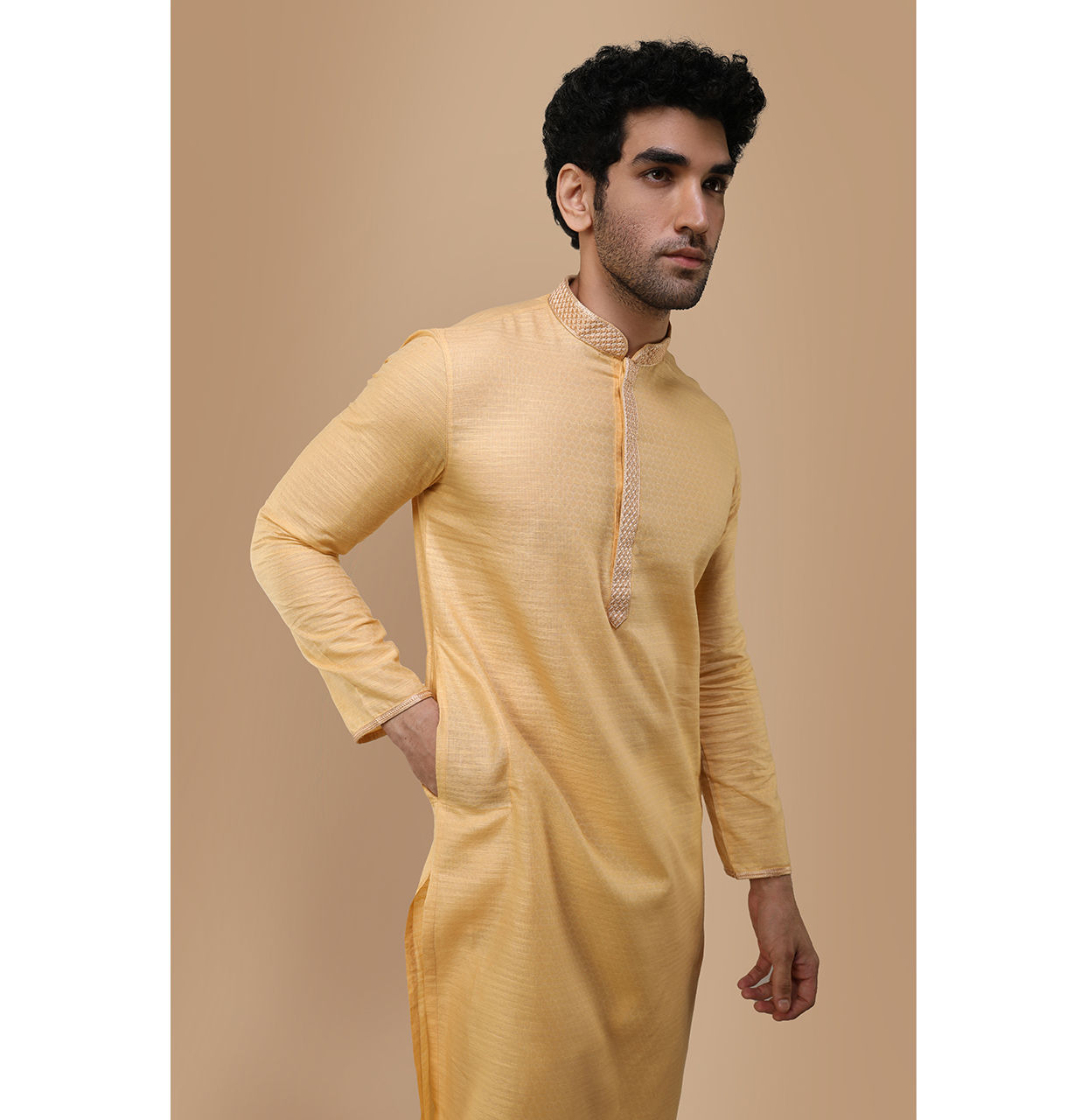 Manyavar Men Macaroon Yellow Self Design Kurta Set