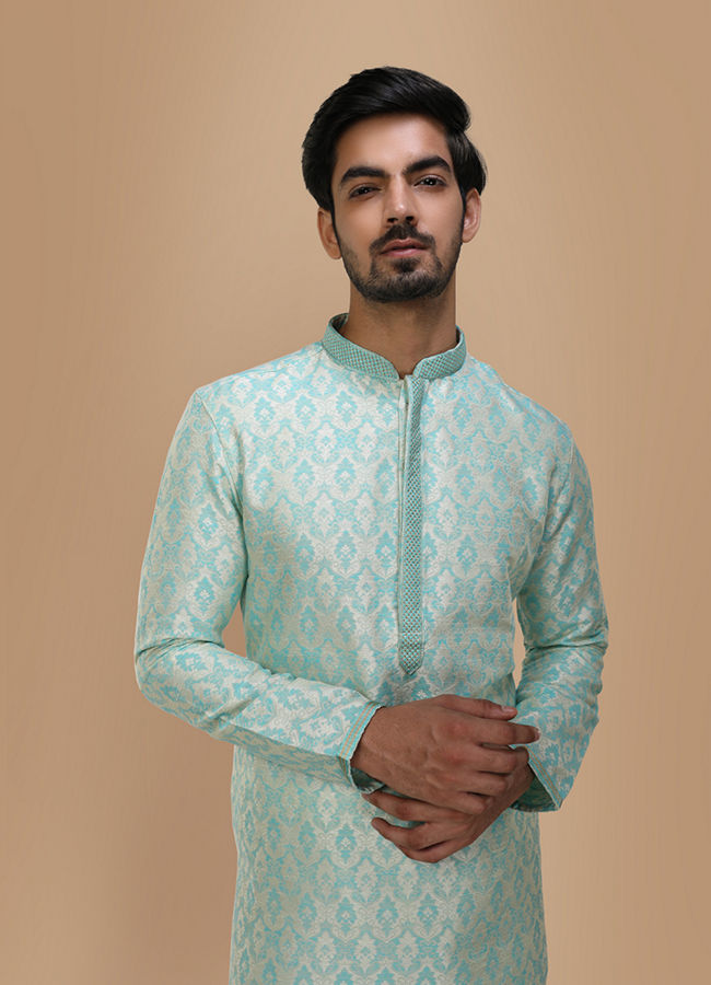 Manyavar Men Sky Blue Jacquard Kurta Set image number 0