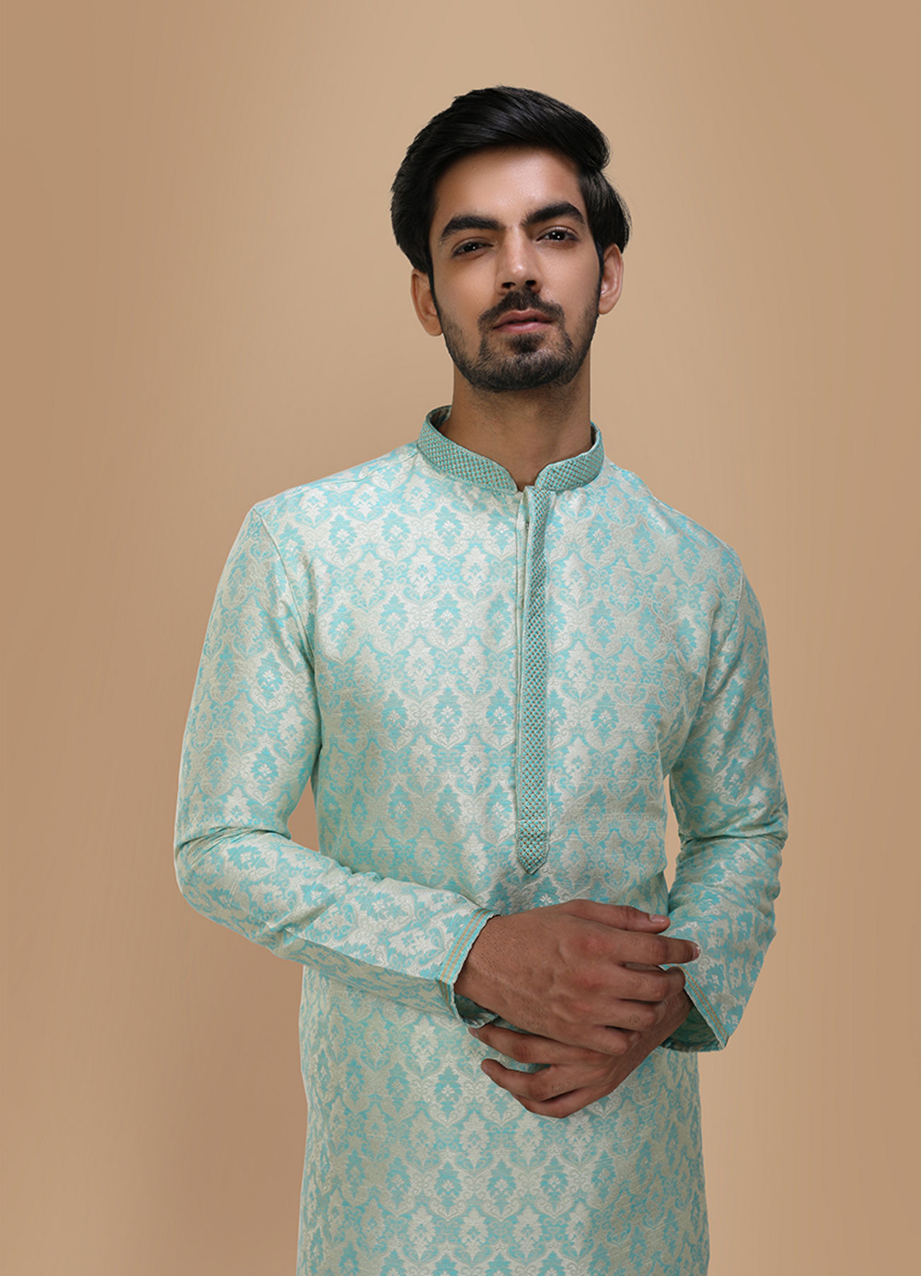 Manyavar Men Sky Blue Jacquard Kurta Set