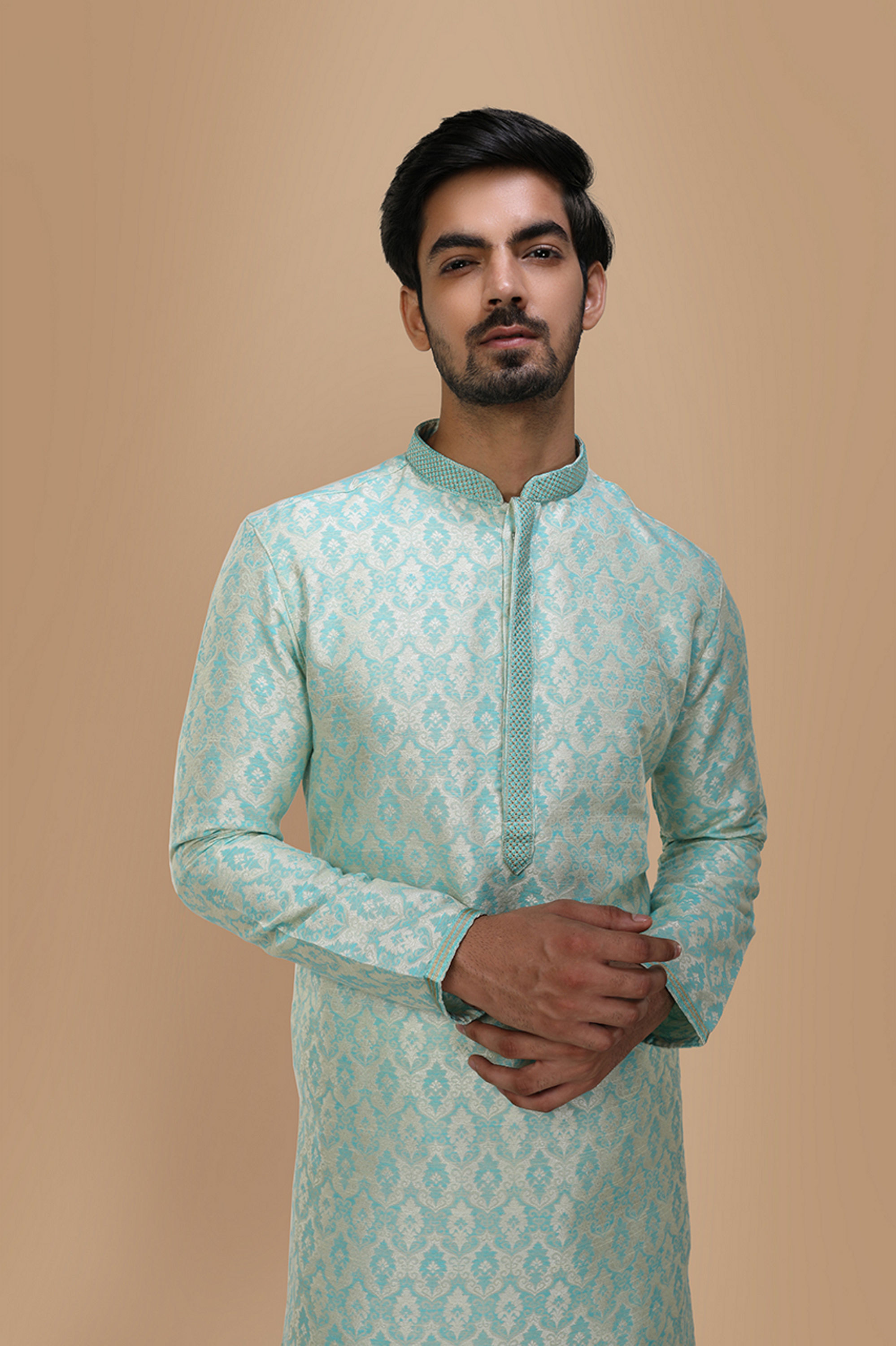 Manyavar Men Sky Blue Jacquard Kurta Set