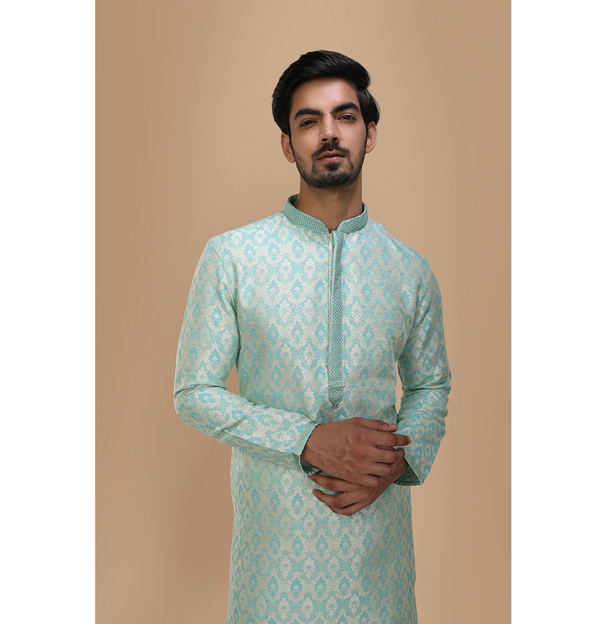 Manyavar Men Sky Blue Jacquard Kurta Set