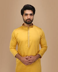 Manyavar Men Mustard Yellow Solid Kurta Set With Neck Detailing