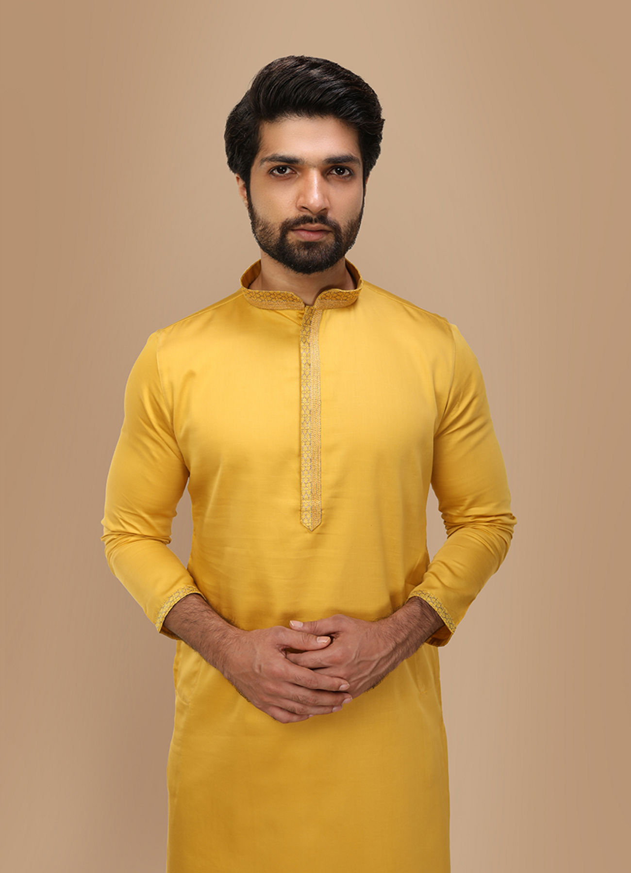Manyavar Men Mustard Yellow Solid Kurta Set With Neck Detailing