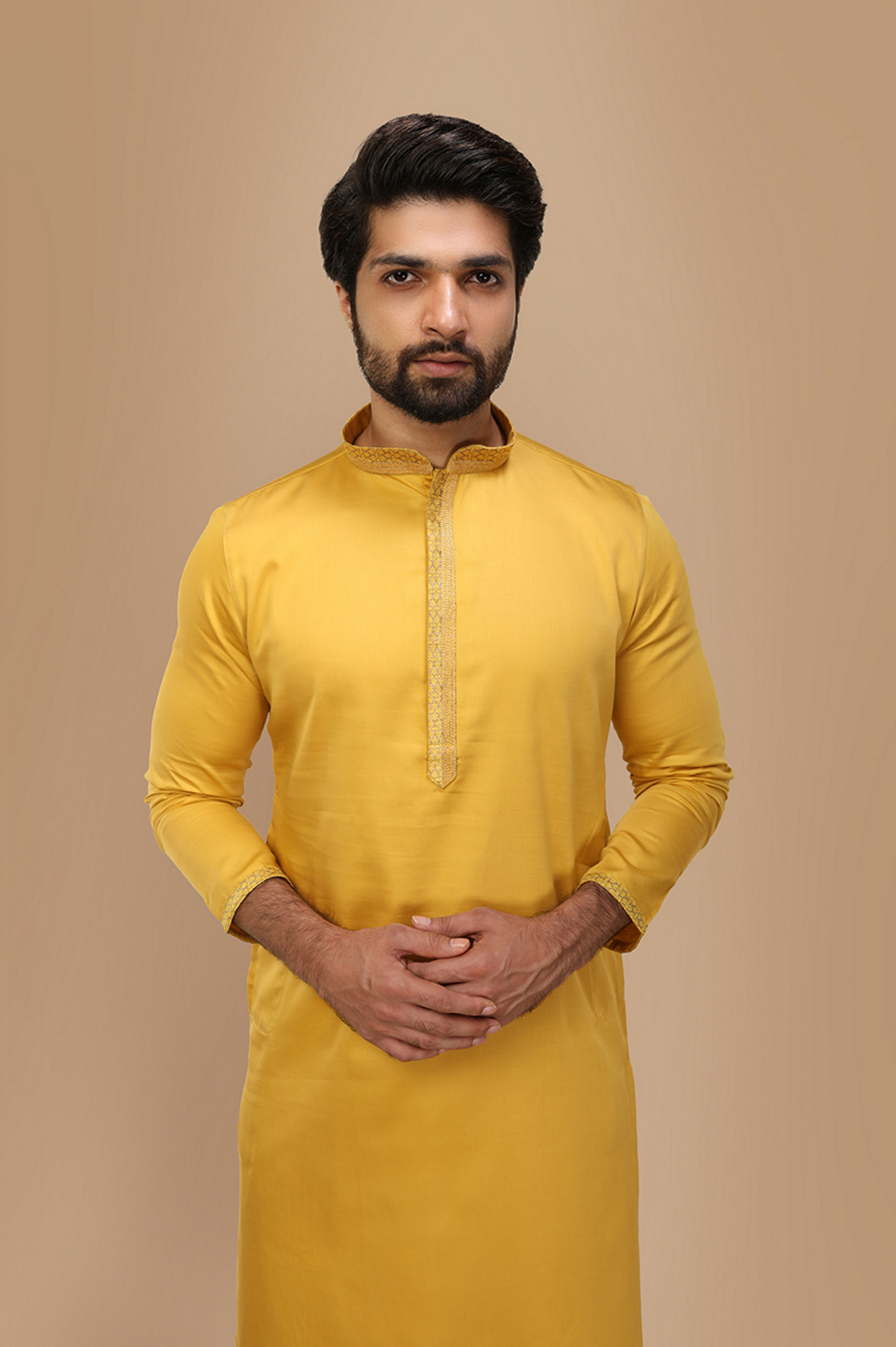 Manyavar Men Mustard Yellow Solid Kurta Set With Neck Detailing
