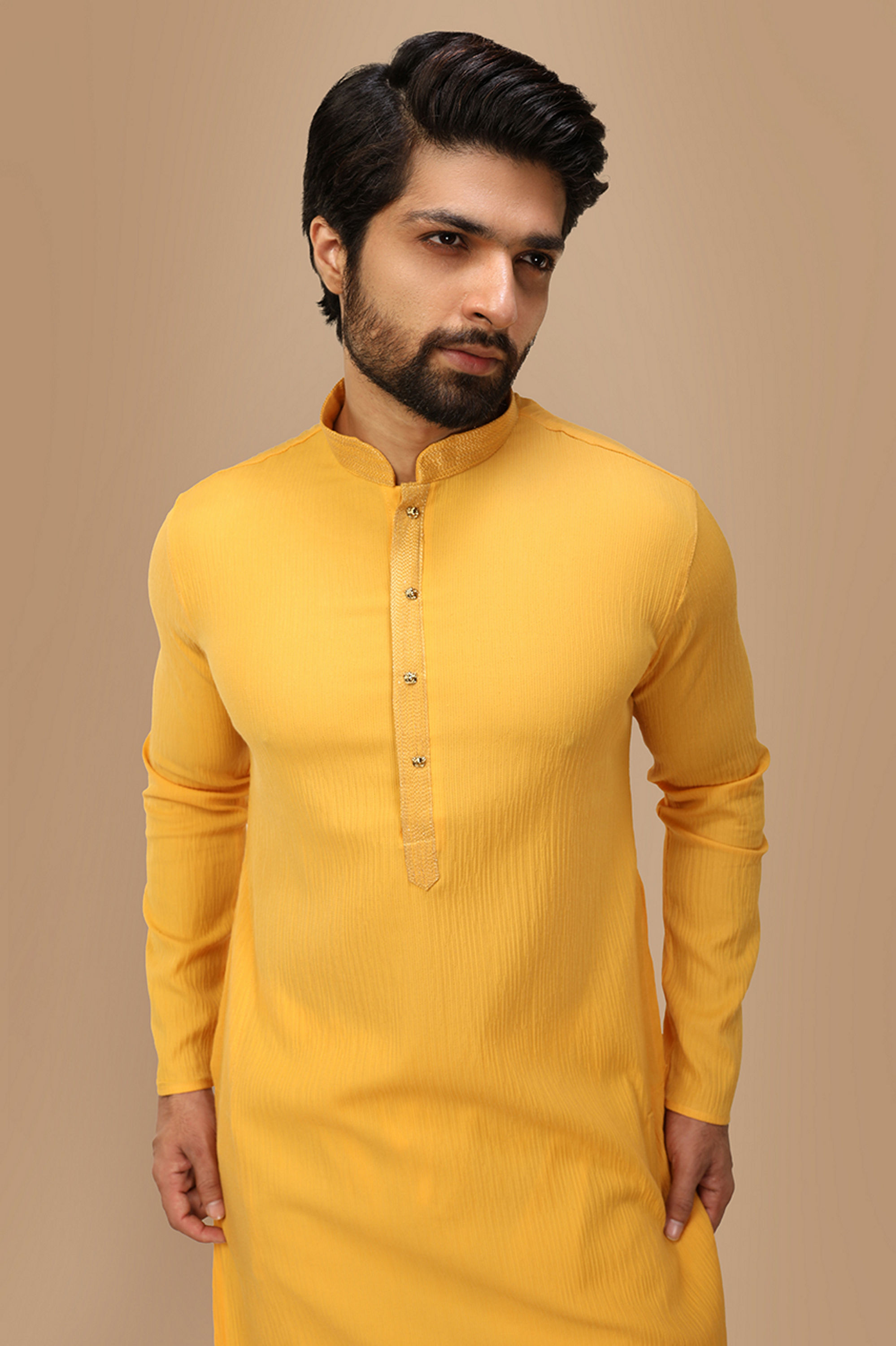 Manyavar Men Yolk Yellow Georgette Kurta Set