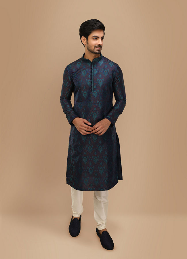 Manyavar Men Fashionable Designer Blue Kurta Set