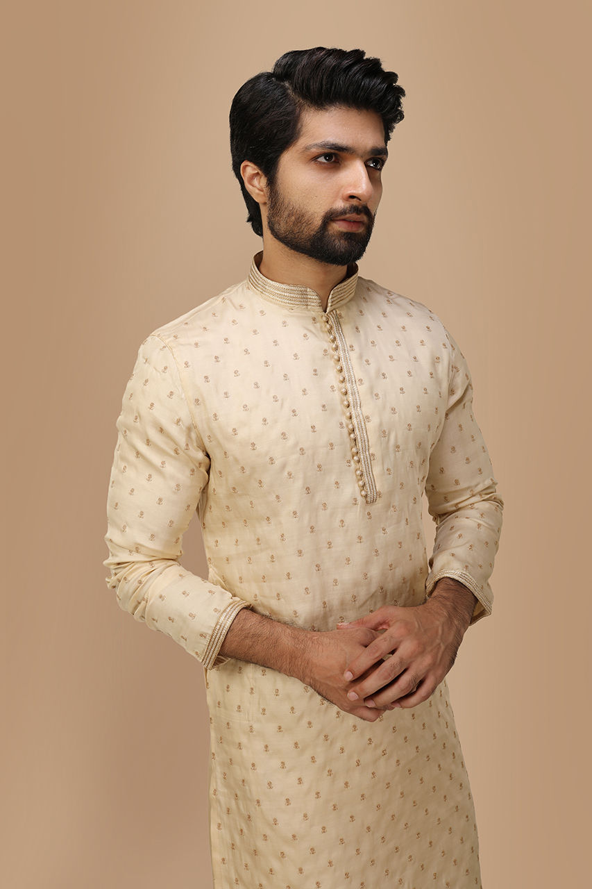 Manyavar Men Beige Self Motif Kurta Set