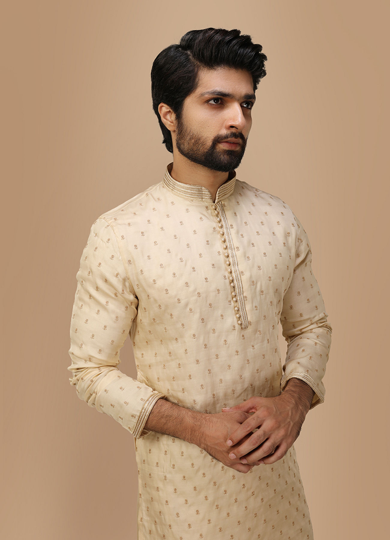 Manyavar Men Beige Self Motif Kurta Set