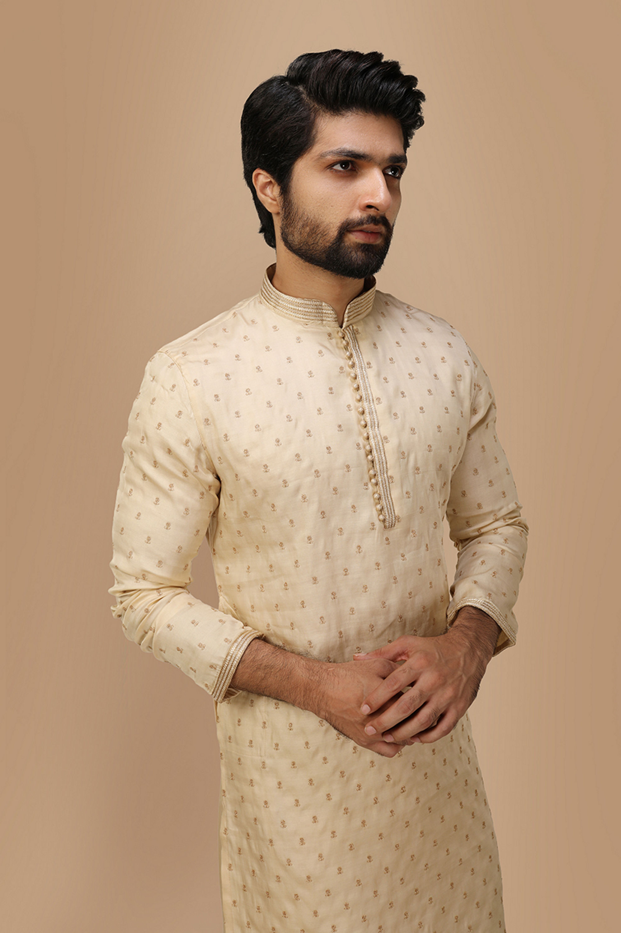 Manyavar Men Beige Self Motif Kurta Set