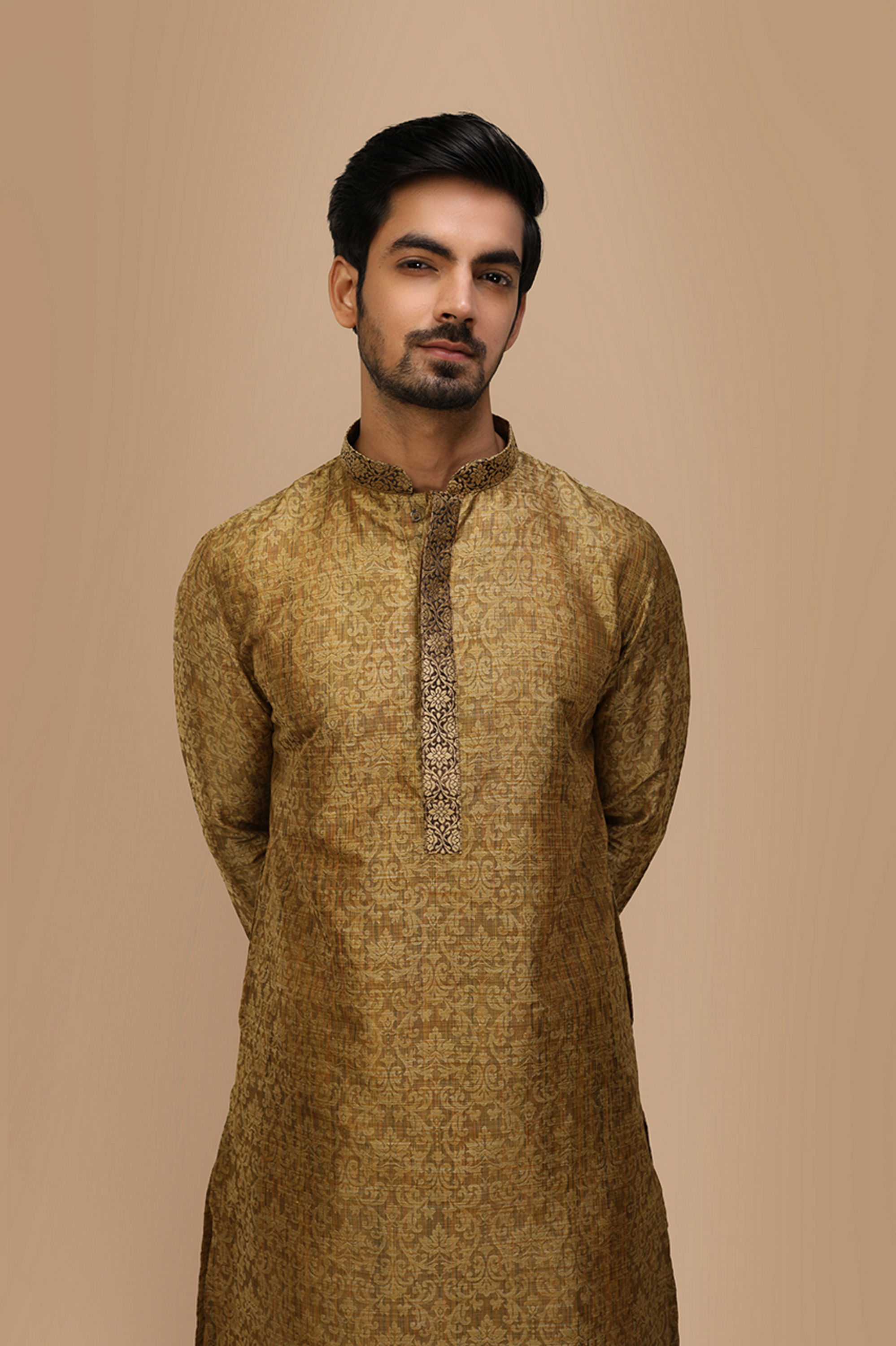 Manyavar Men Light Taupe Brown Jacquard Kurta Set