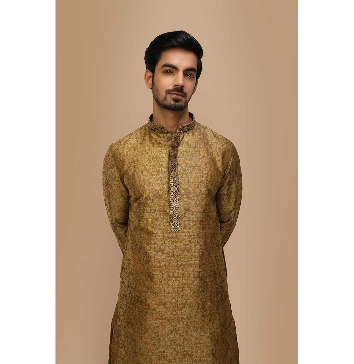 Manyavar Men Light Taupe Brown Jacquard Kurta Set