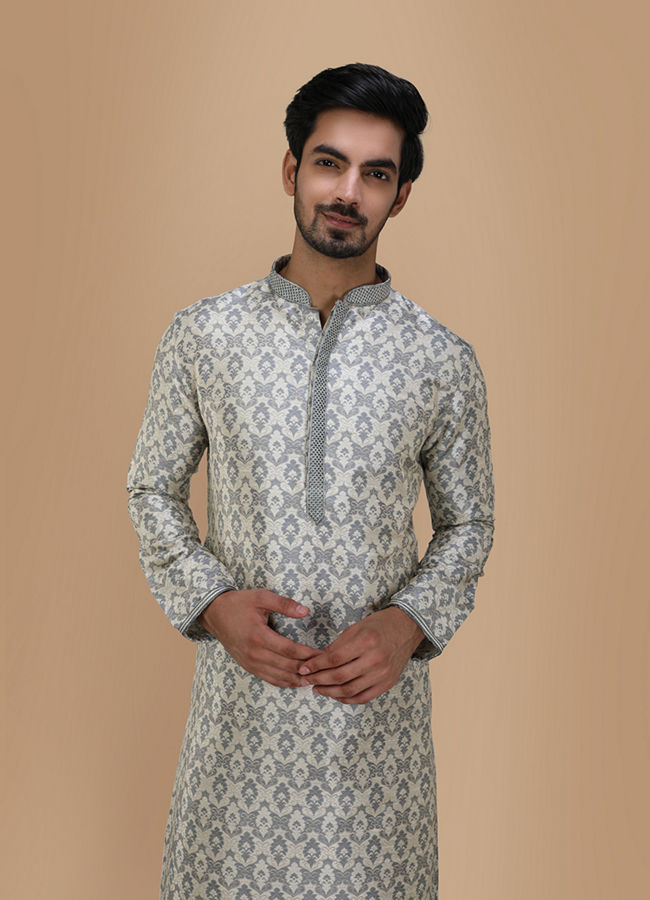 Manyavar Men Cloud Grey Jacquard Kurta Set