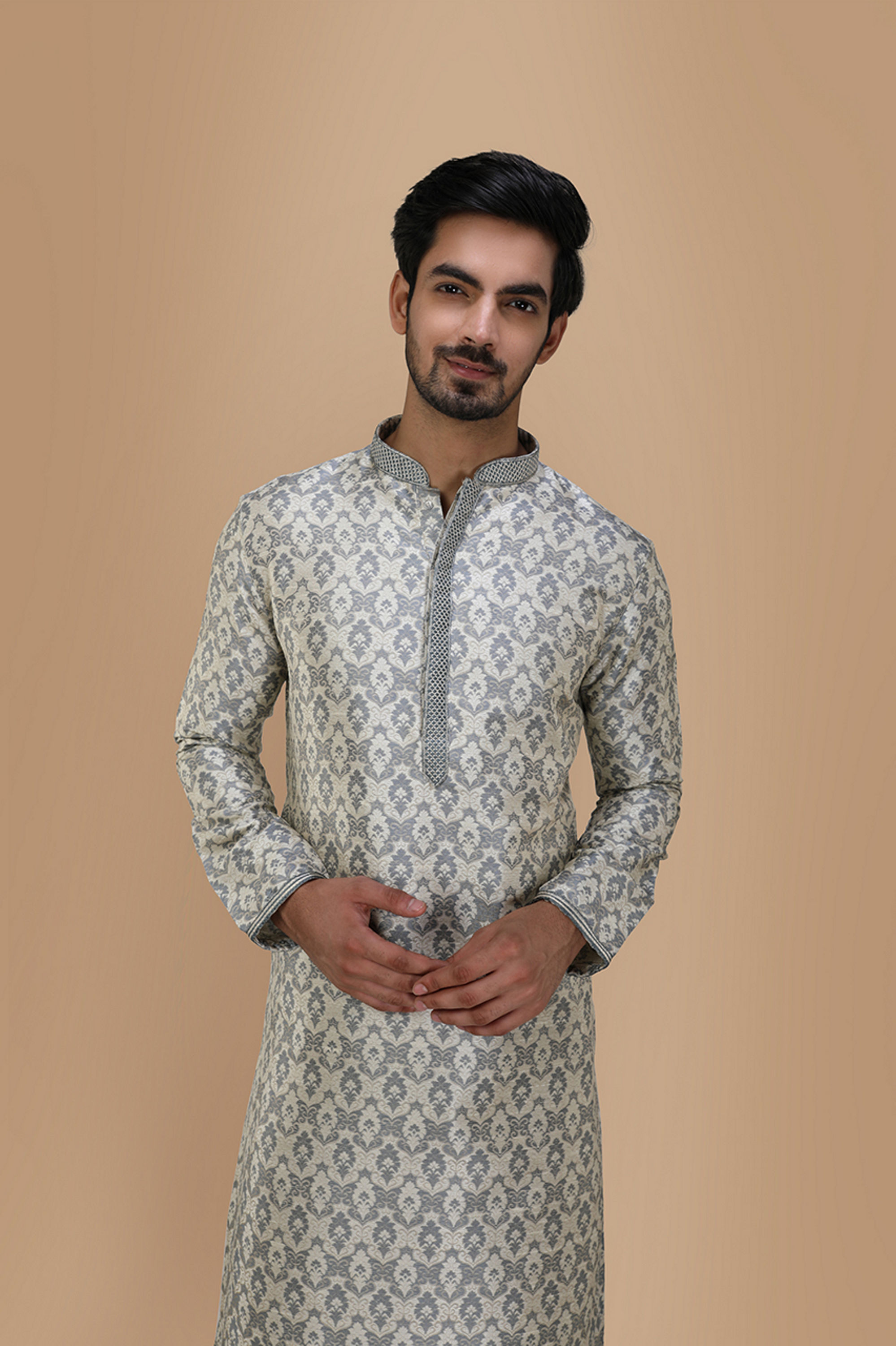 Manyavar Men Cloud Grey Jacquard Kurta Set