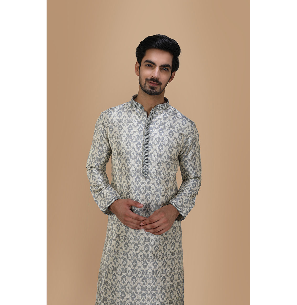 Manyavar Men Cloud Grey Jacquard Kurta Set