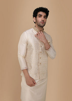 alt message - Manyavar Men Traditional Off White Jacket image number 0