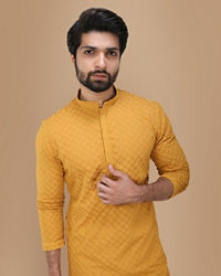 alt message - Manyavar Men Mustard Yellow Chikankari Kurta Set image number 0