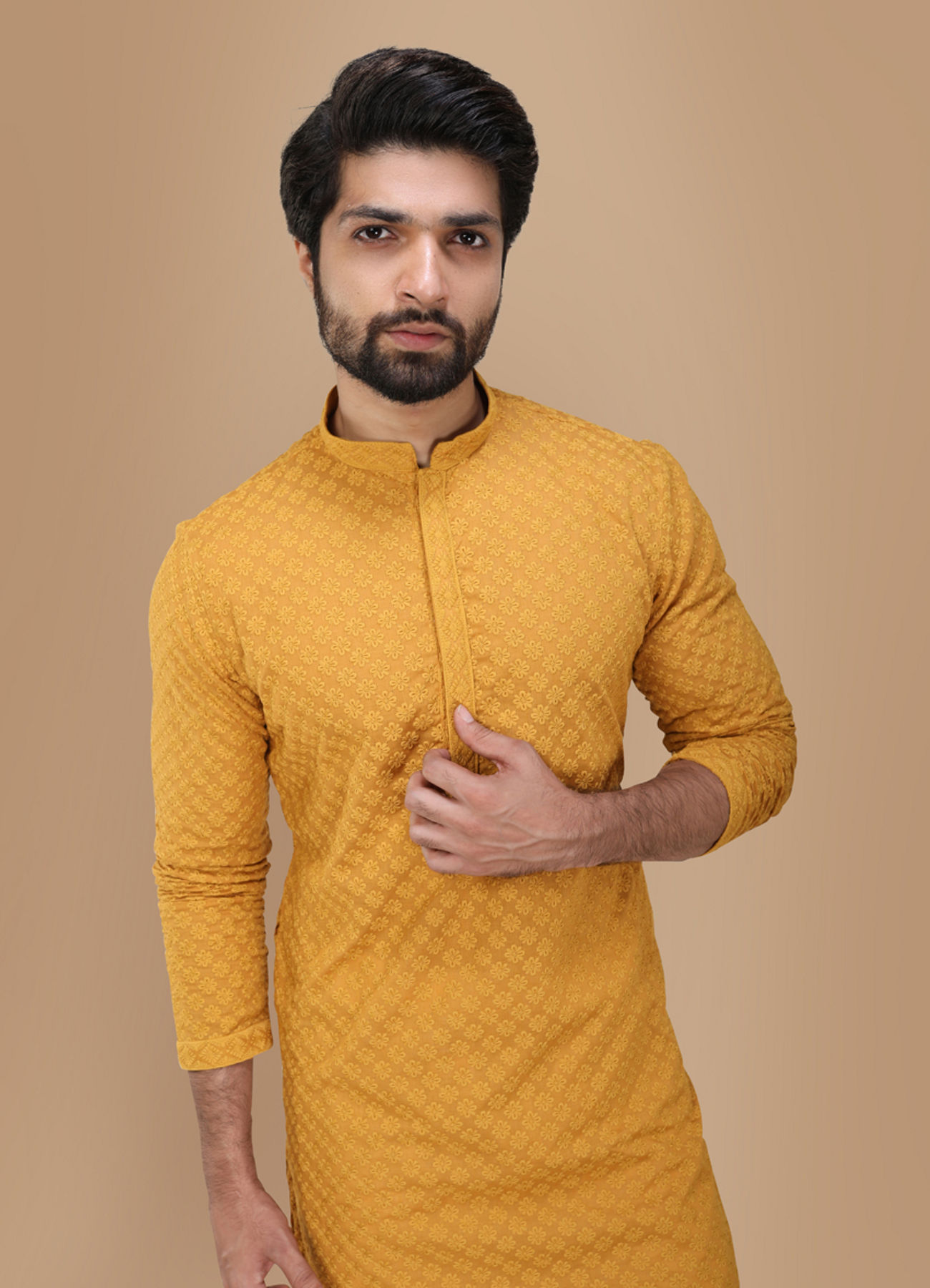Manyavar Men Mustard Yellow Chikankari Kurta Set