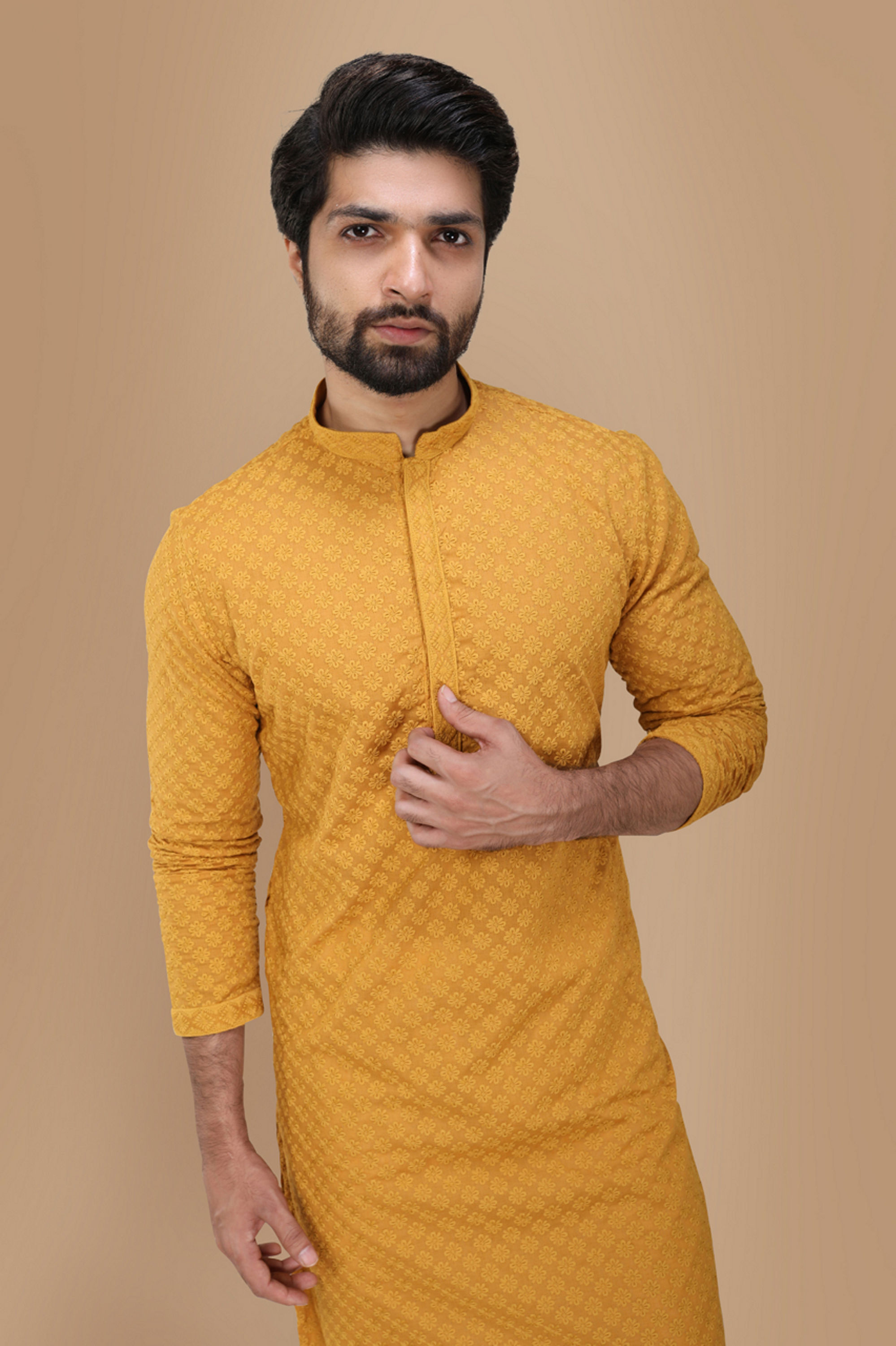 Manyavar Men Mustard Yellow Chikankari Kurta Set