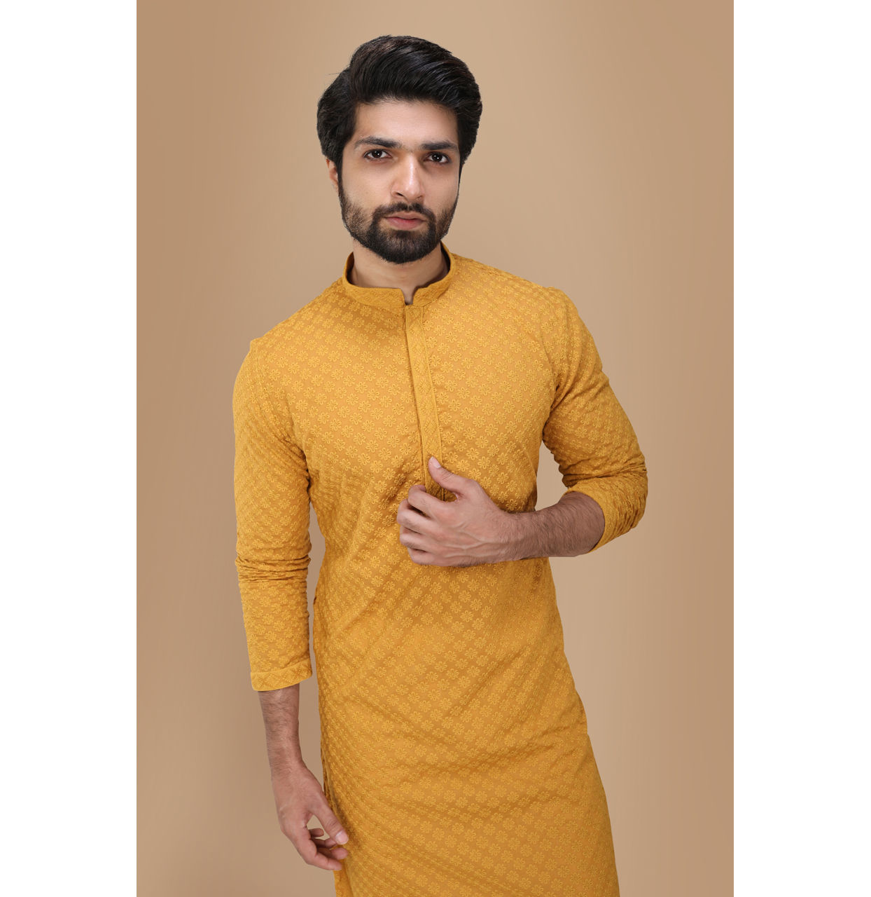 alt message - Manyavar Men Mustard Yellow Chikankari Kurta Set image number 0