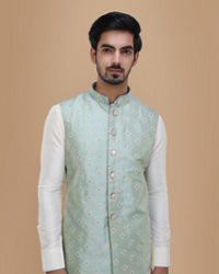 Manyavar Men Subtle Blue Kurta Jacket Set