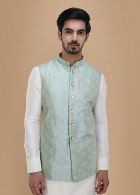 alt message - Manyavar Men Subtle Blue Kurta Jacket Set image number 0