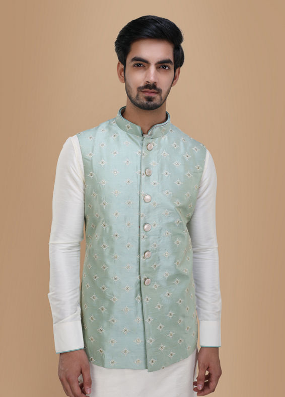 Manyavar Men Subtle Blue Kurta Jacket Set