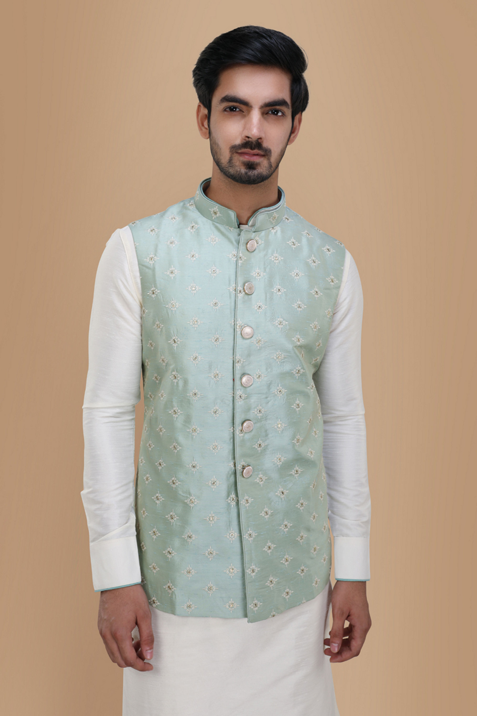 Manyavar Men Subtle Blue Kurta Jacket Set