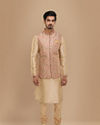Manyavar Men Block Print Jacket With Beige Kurta Set