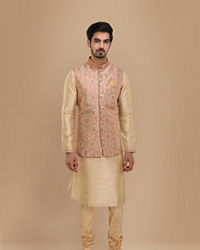 Manyavar Men Block Print Jacket With Beige Kurta Set