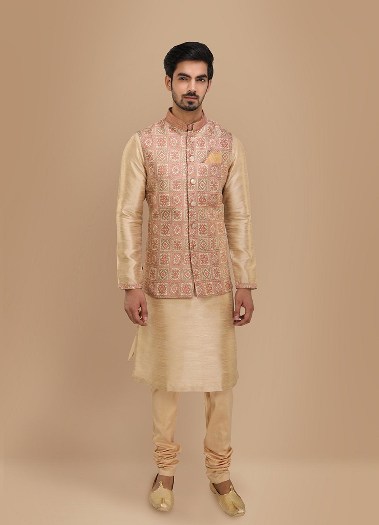 Manyavar Men Block Print Jacket With Beige Kurta Set