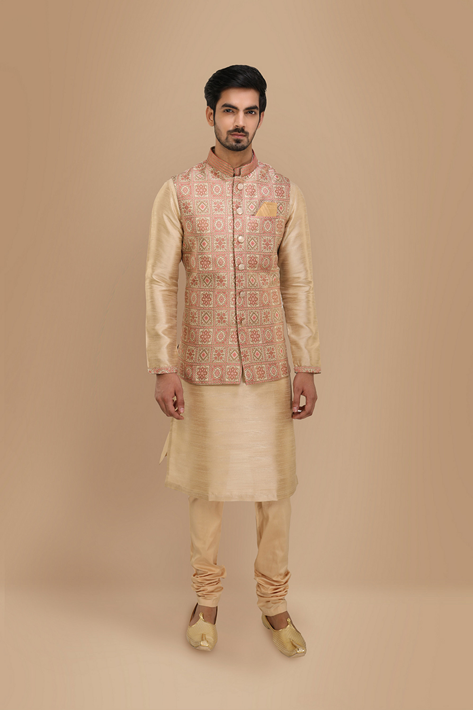 Manyavar Men Block Print Jacket With Beige Kurta Set