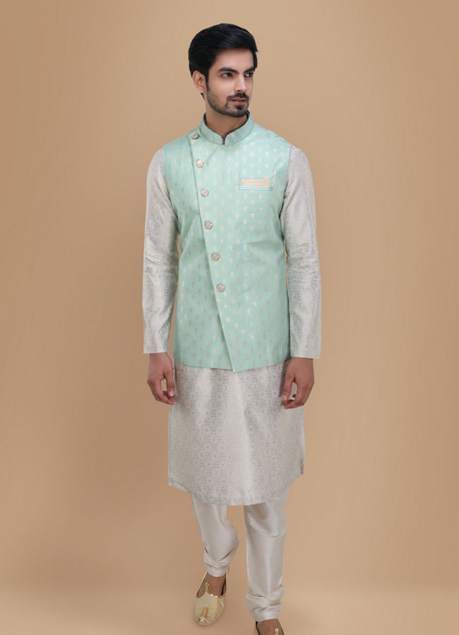 Manyavar Men Light Blue Kurta Jacket Set image number 1