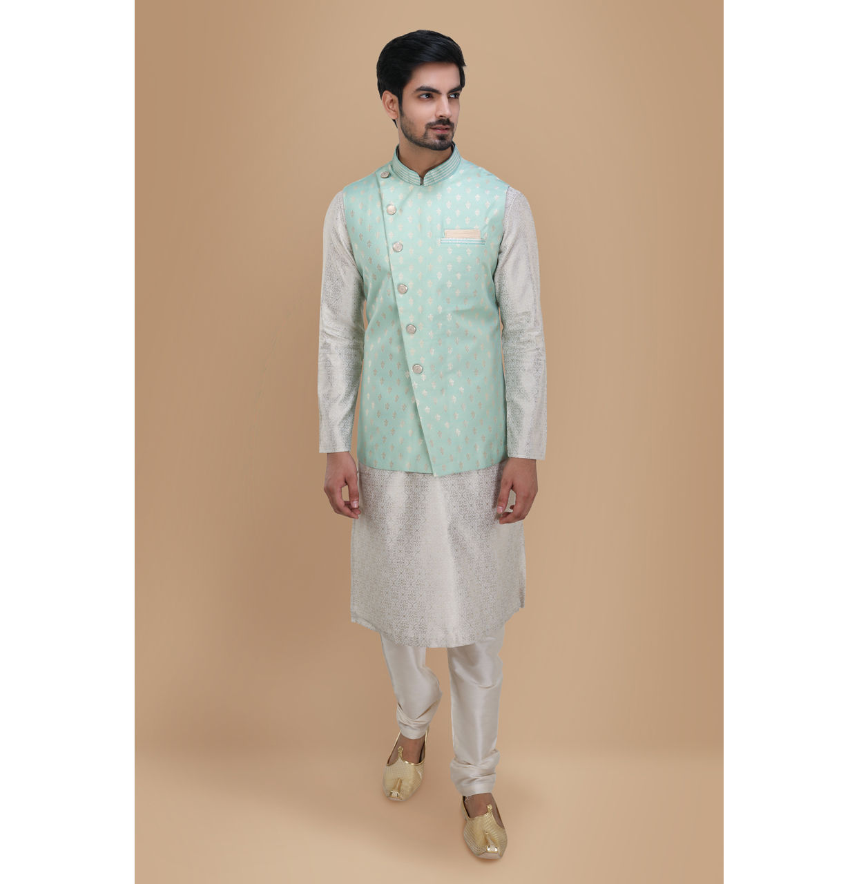 Manyavar Men Light Blue Kurta Jacket Set image number 1