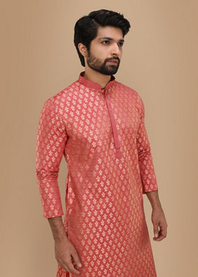 alt message - Manyavar Men Dark Peach Jacquard Kurta Set image number 0