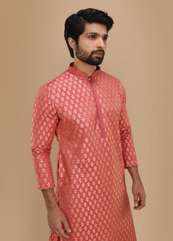 Manyavar Men Dark Peach Jacquard Kurta Set