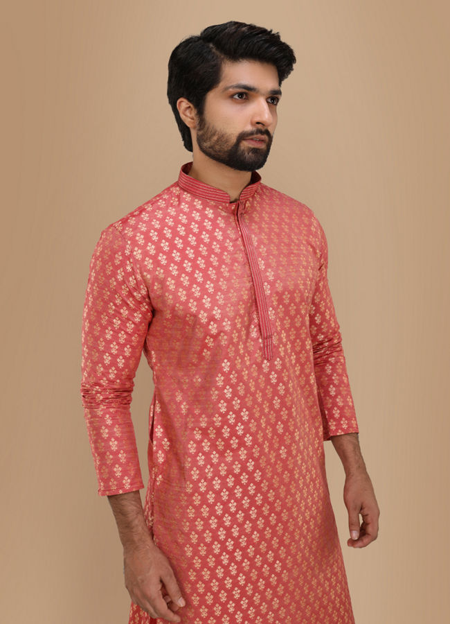 alt message - Manyavar Men Dark Peach Jacquard Kurta Set image number 0