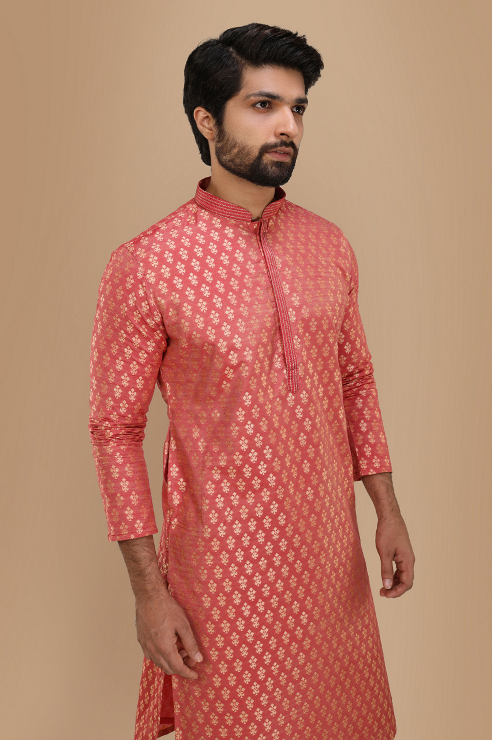 Manyavar Men Dark Peach Jacquard Kurta Set