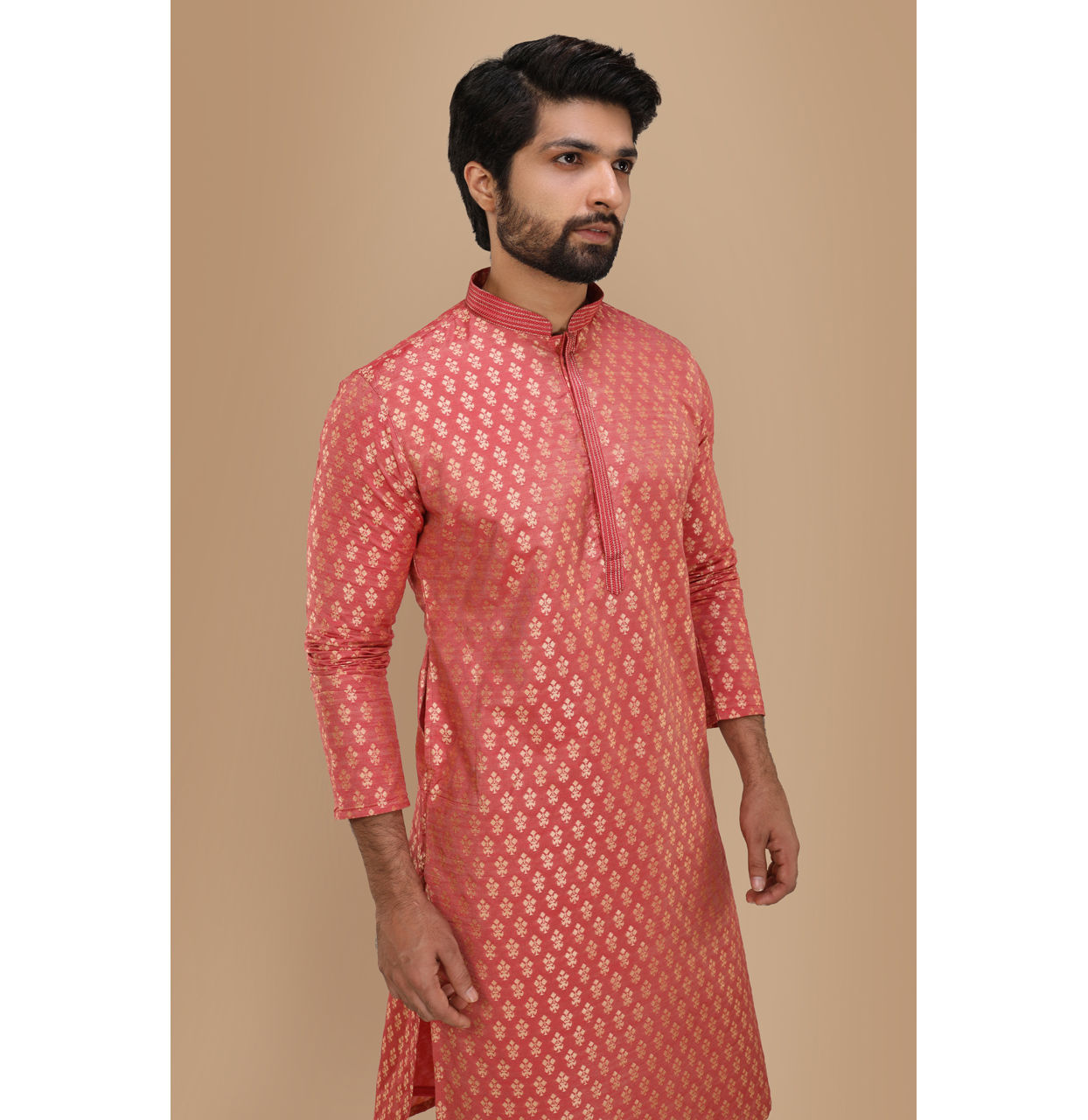Manyavar Men Dark Peach Jacquard Kurta Set