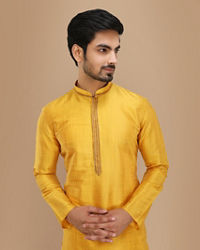 Manyavar Men Mustard Yellow Plain Kurta Set With Neck Detailing