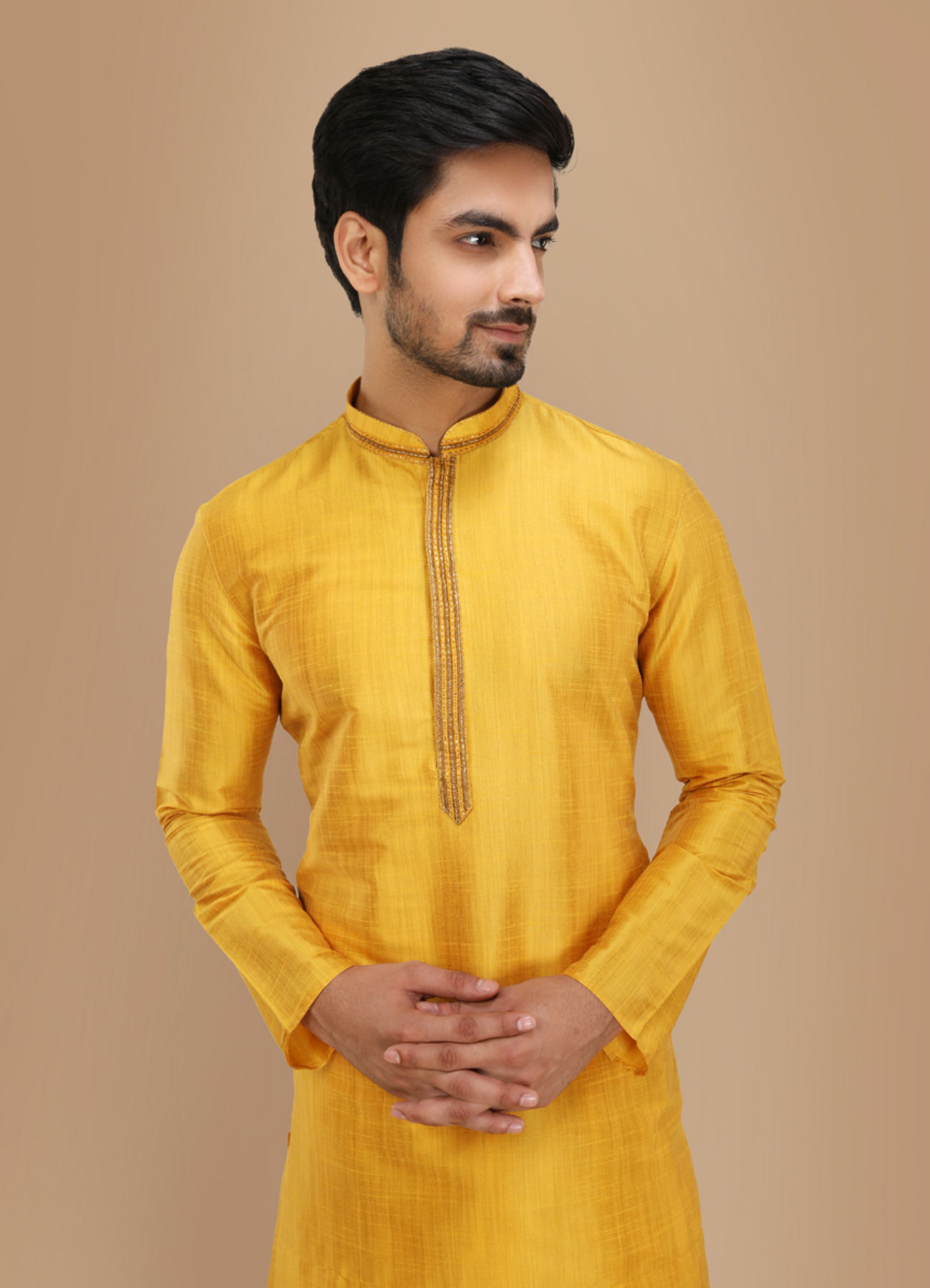 Manyavar Men Mustard Yellow Plain Kurta Set With Neck Detailing