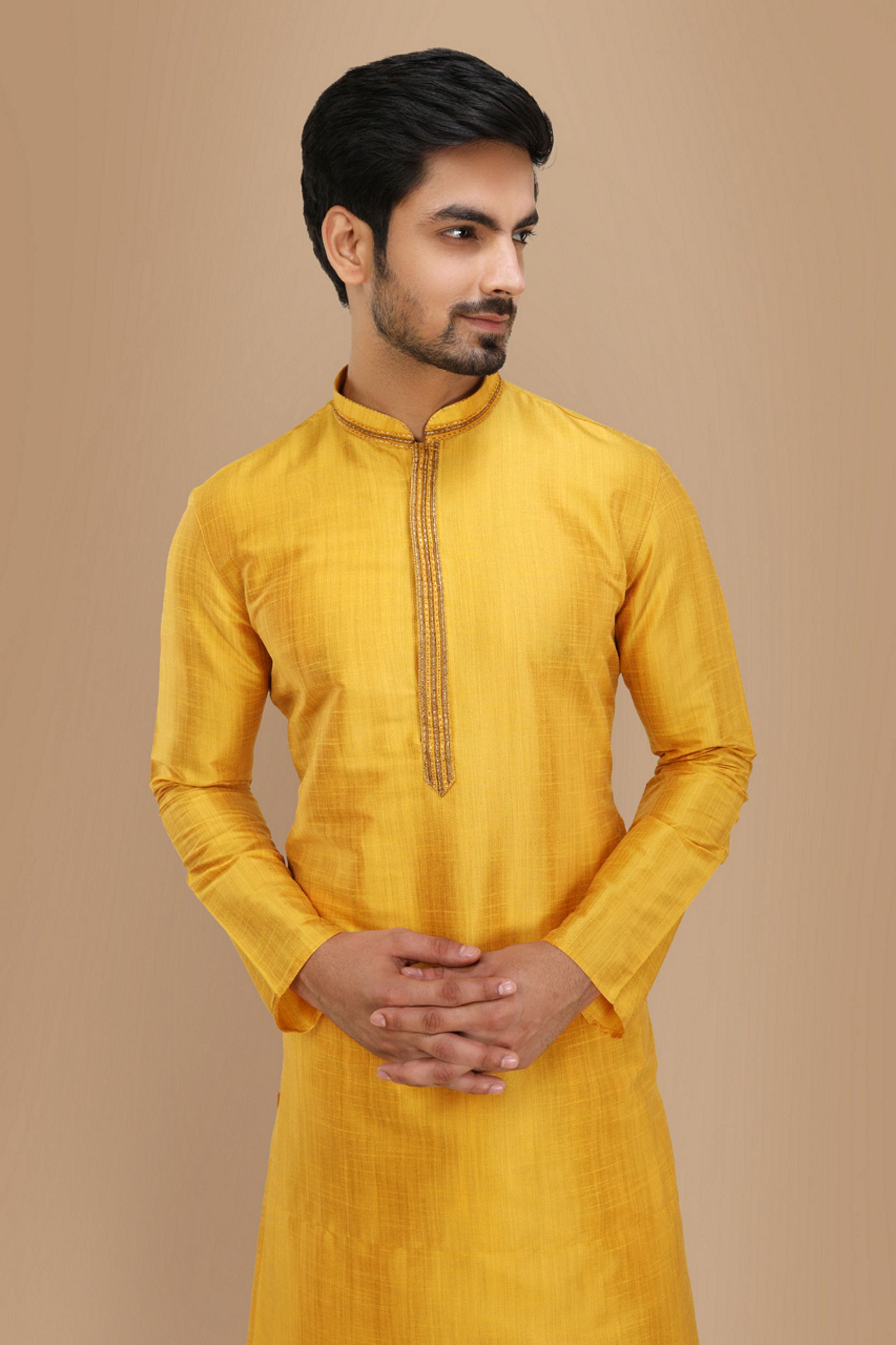 Manyavar Men Mustard Yellow Plain Kurta Set With Neck Detailing