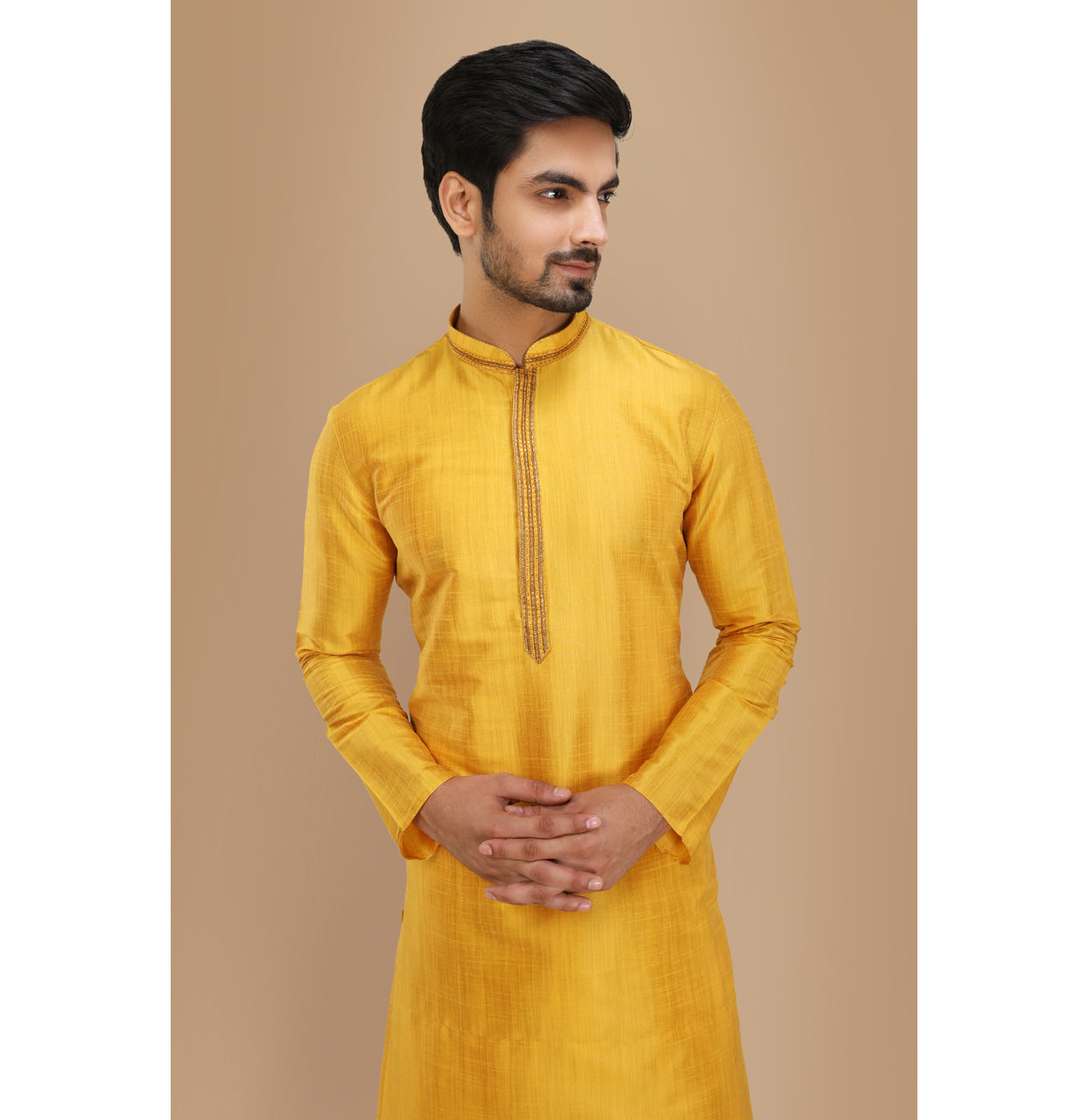 Manyavar Men Mustard Yellow Plain Kurta Set With Neck Detailing