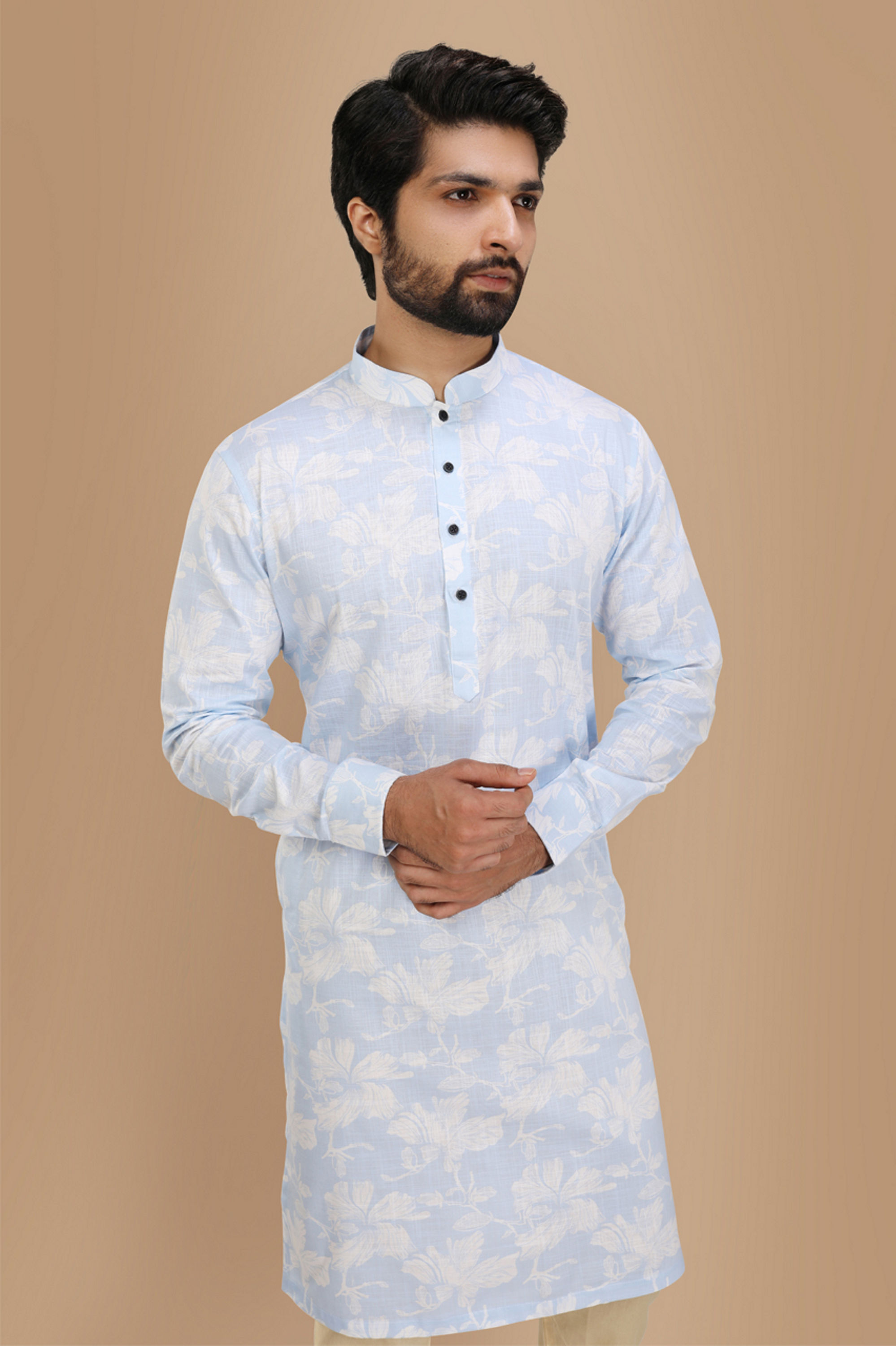 Manyavar Men Blue Floral Printed Kurta