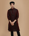 alt message - Manyavar Men Merlot Red Jacquard Kurta Set image number 1